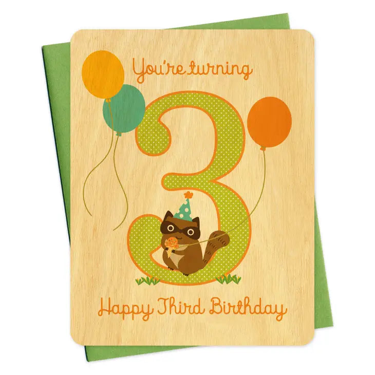 Raccoon Wood Third Birthday Card